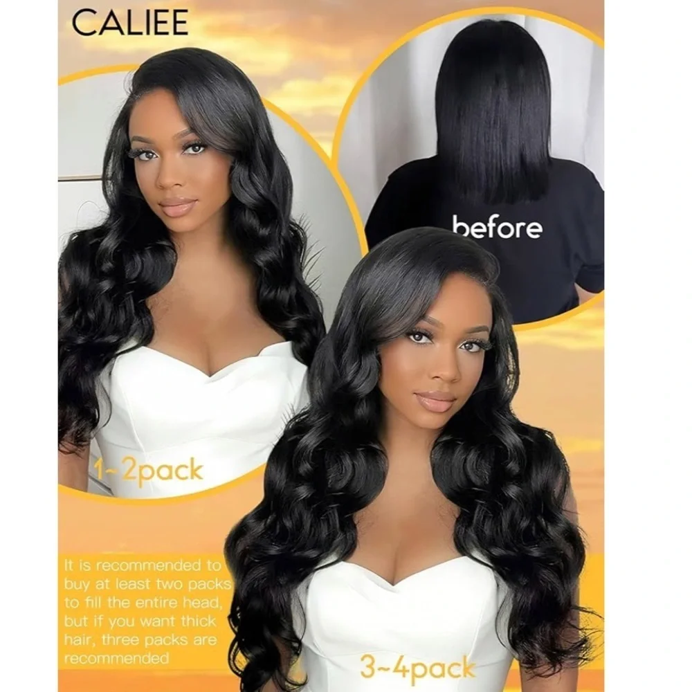 20” Natural Black Body Wave Human Hair PU Clip In Extensions 115g #RA4